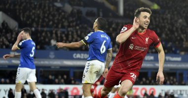 Liverpool's Diogo Jota (R) celebrates scoring in a Premier League match against Everton in Liverpool, England, Dec. 1, 2021. (EPA Photo)