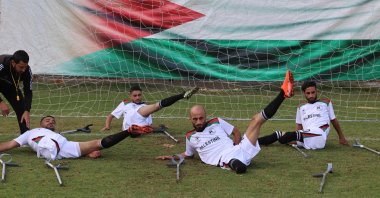 Palestinian players with disabilities, part of a football team organized by the International Committee of the Red Cross (ICRC), take part in a training session in Gaza City, the Gaza Strip, Palestine, Dec. 2, 2021. (AFP Photo)