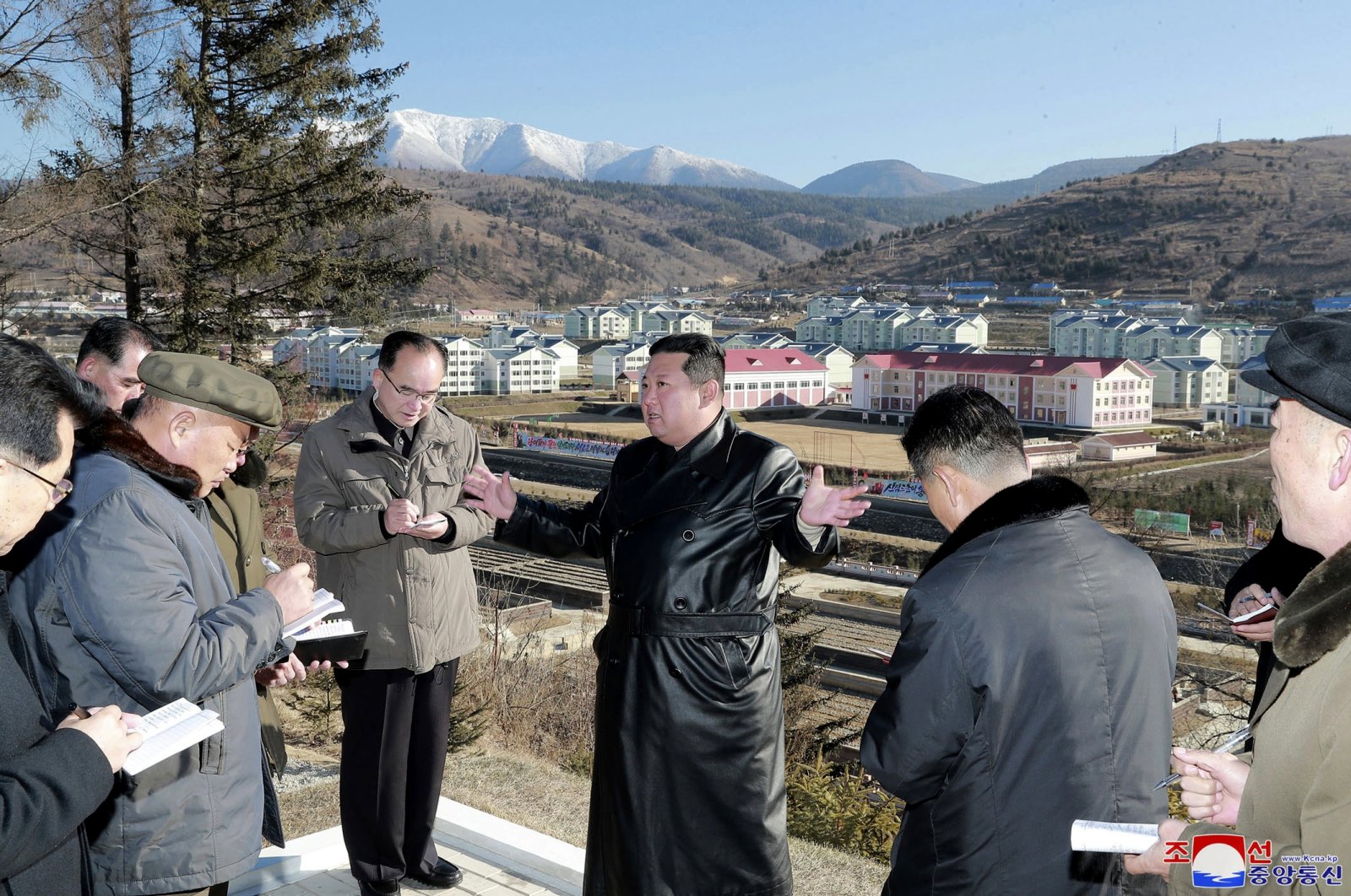 North Korean leader Kim Jong Un, (C), inspects a major development project site in Samjiyon, Ryanggang province, North Korea in this undated photo provided on Nov. 16, 2021, by the North Korean government. (Korean Central News Agency/Korea News Service via AP)