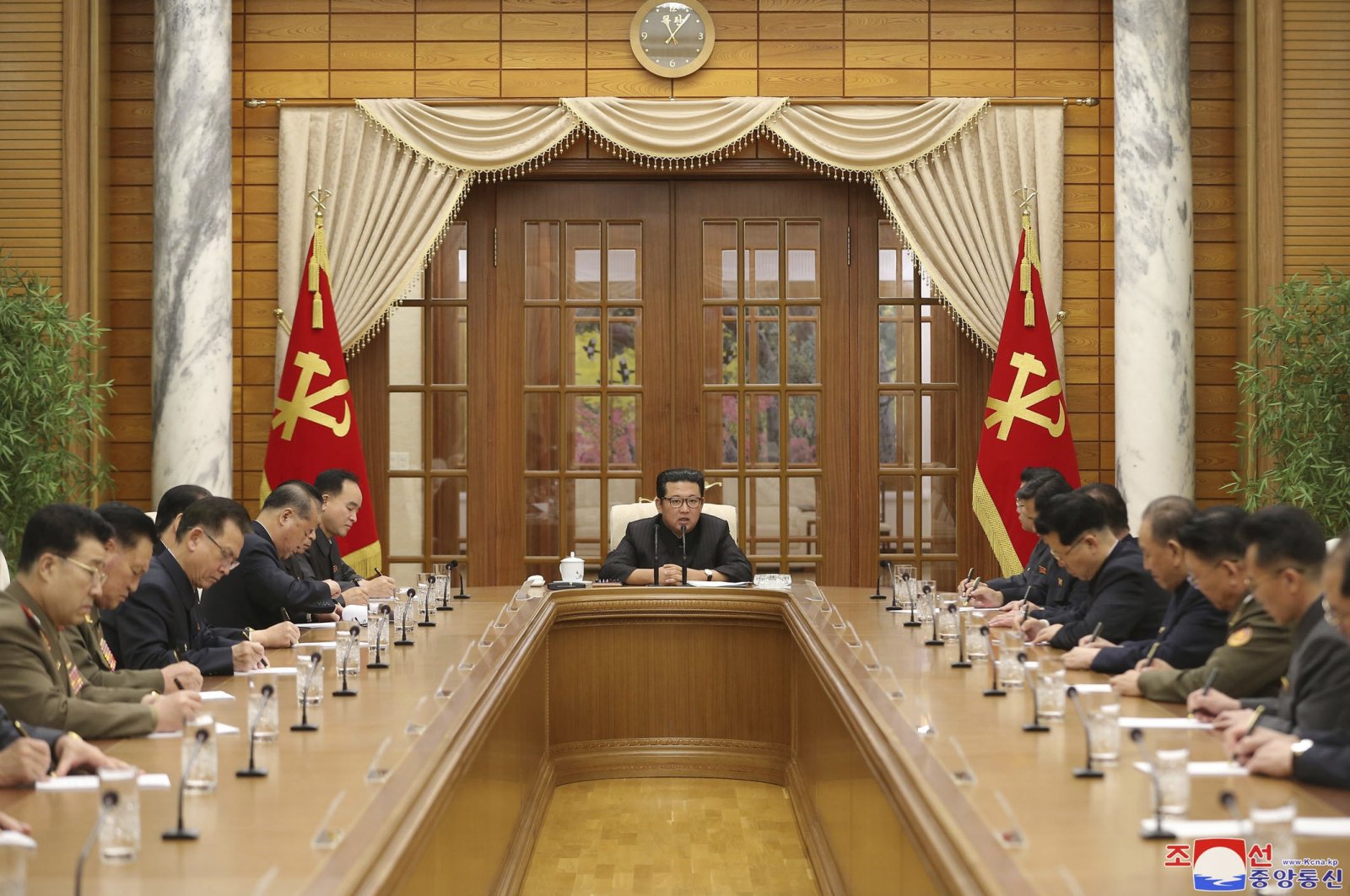 In this photograph provided by the North Korean government, North Korean Leader Kim Jong Un (C) attends a meeting of the Political Bureau of the Central Committee of the Workers&#039; Party of Korea in Pyongyang, North Korea, Dec. 1, 2021. (Korean Central News Agency/Korea News Service via AP)