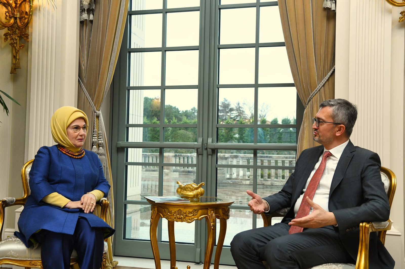 First lady Emine Erdoğan (L) speaks to the Foundation for Political, Economic and Social Research (SETA) General Coordinator Burhanettin Duran during an interview with Kriter, Ankara, Turkey, Nov. 25, 2021.