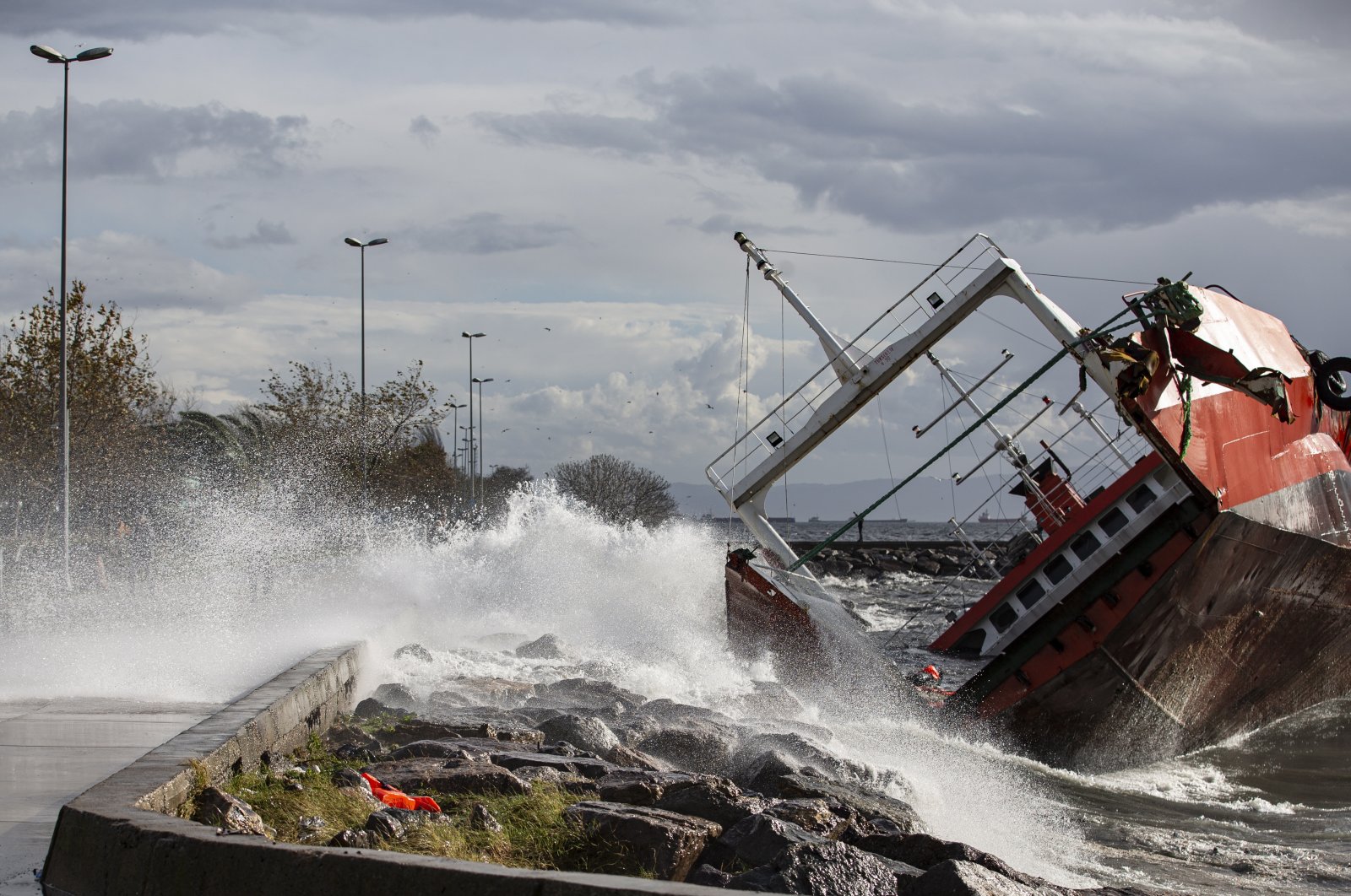 A view of a cargo ship damaged by a storm near the Bosporus in Istanbul, Turkey, Nov. 30, 2021. (EPA Photo)