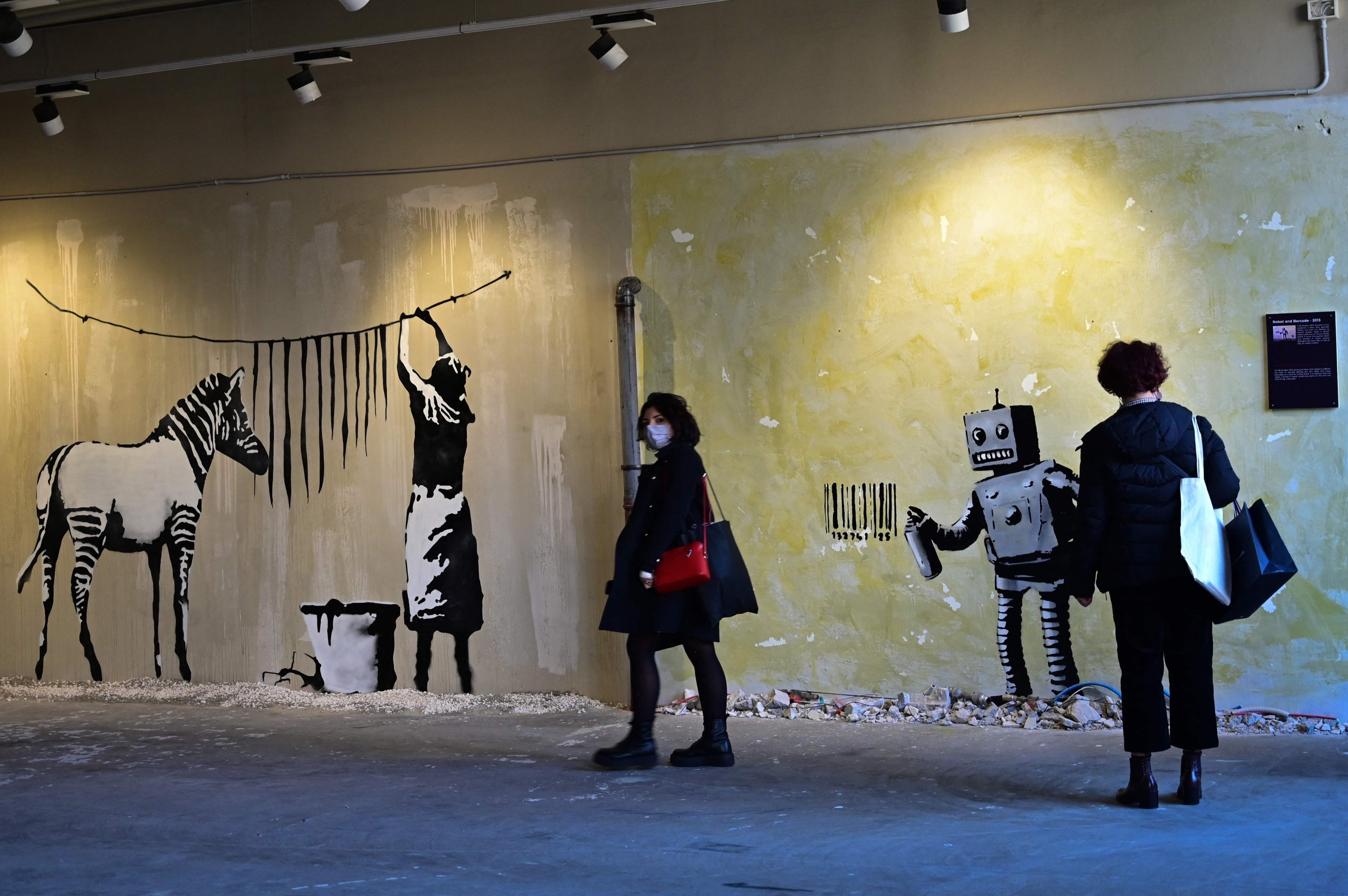 Visitors look at British street artist Banksy's murals 