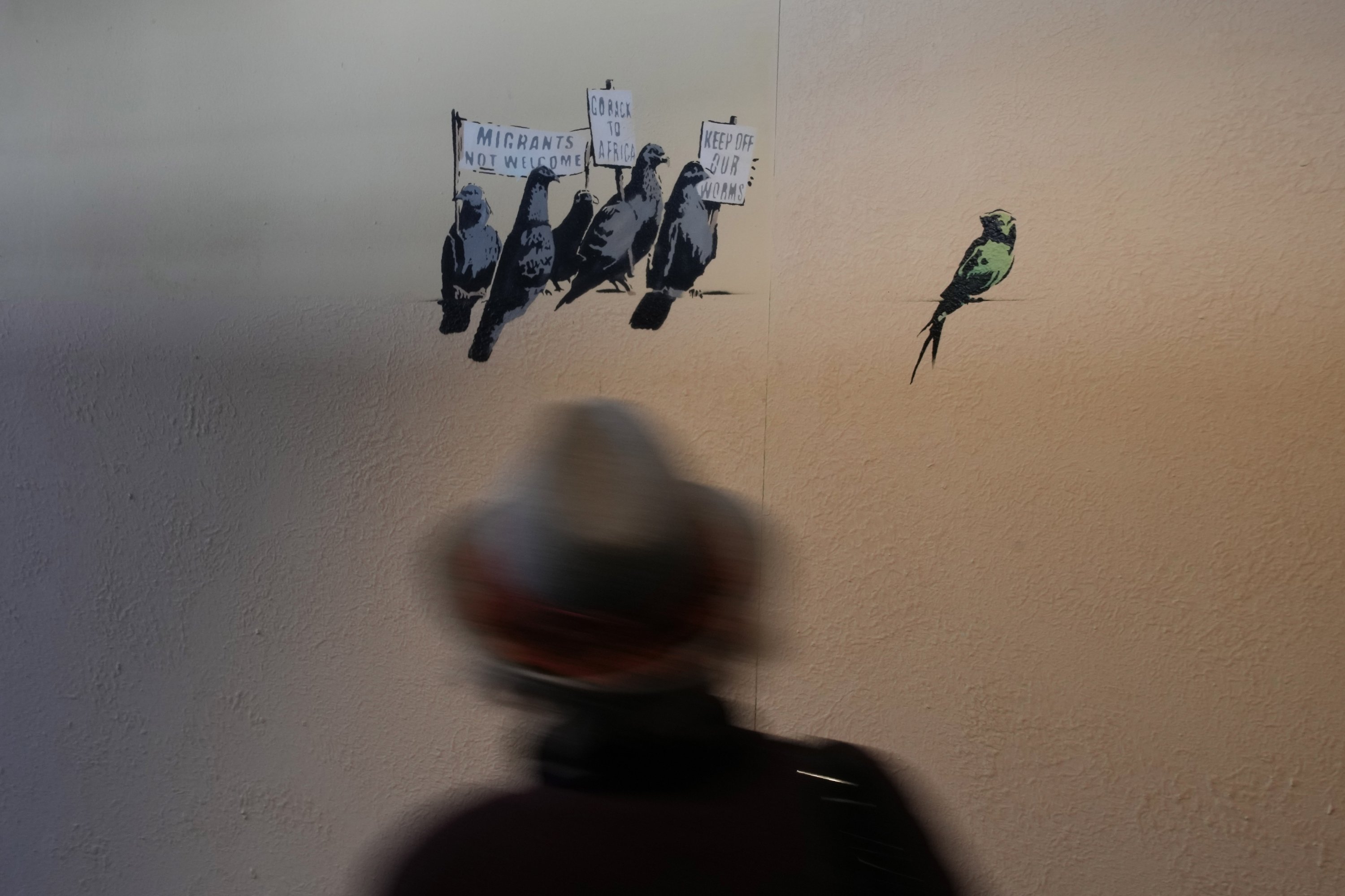A visitor walks past "Pigeons", a reproduction of a mural by British artist Banksy, during the unveiling of the "The World of Banksy, The Immersive Experience" exhibition, in Milan, Italy, Thursday, Dec. 2, 2021. (AP)