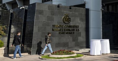 The logo of the Central Bank of the Republic of Turkey at the entrance of the bank's headquarters in the capital Ankara, Turkey, Oct. 28, 2020. (AA Photo)