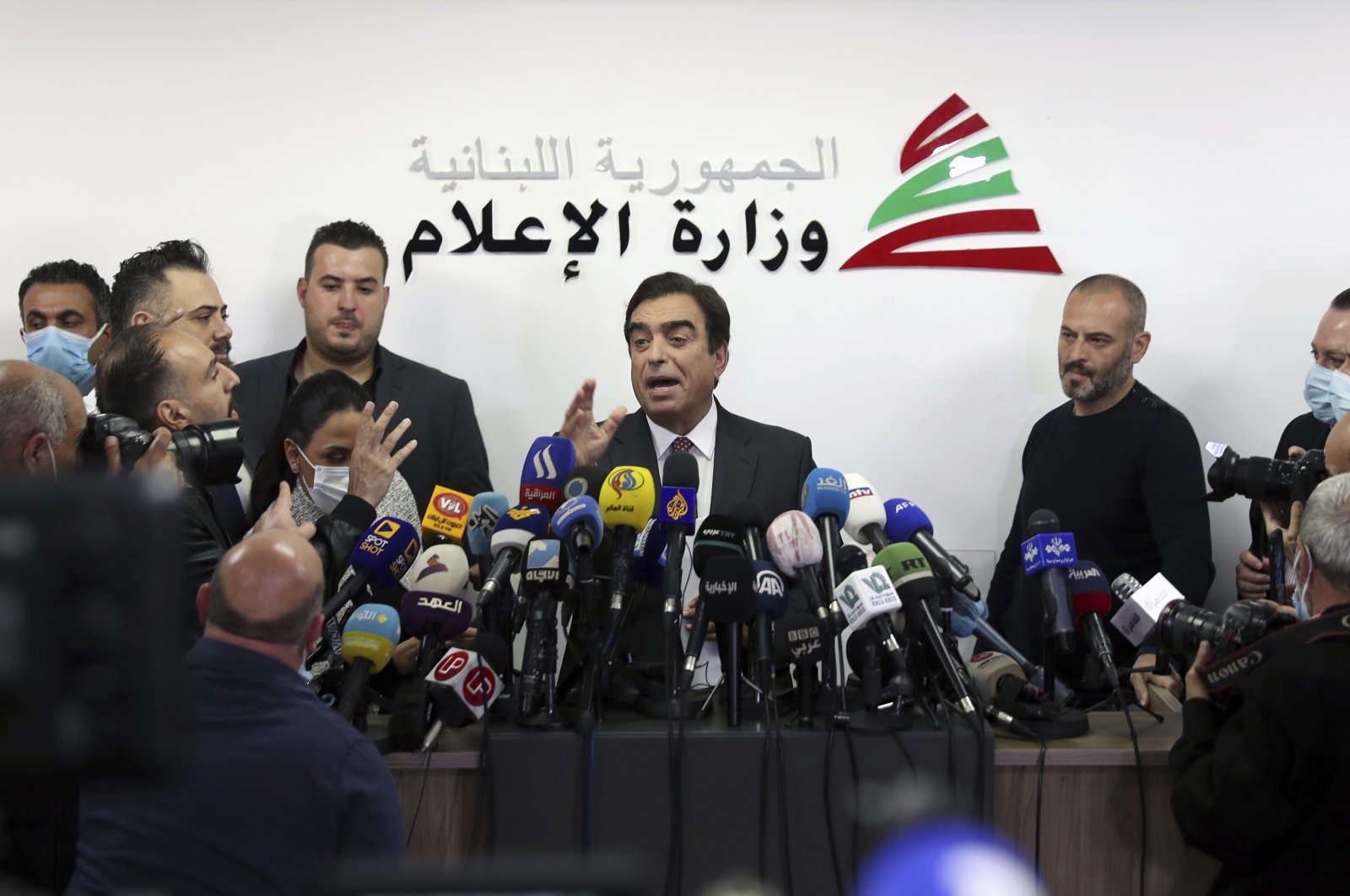 Lebanon&#039;s Information Minister George Kordahi speaks during a press conference to announce his resignation at the Ministry of Information in Beirut, Lebanon, Dec. 3, 2021. (AP Photo)