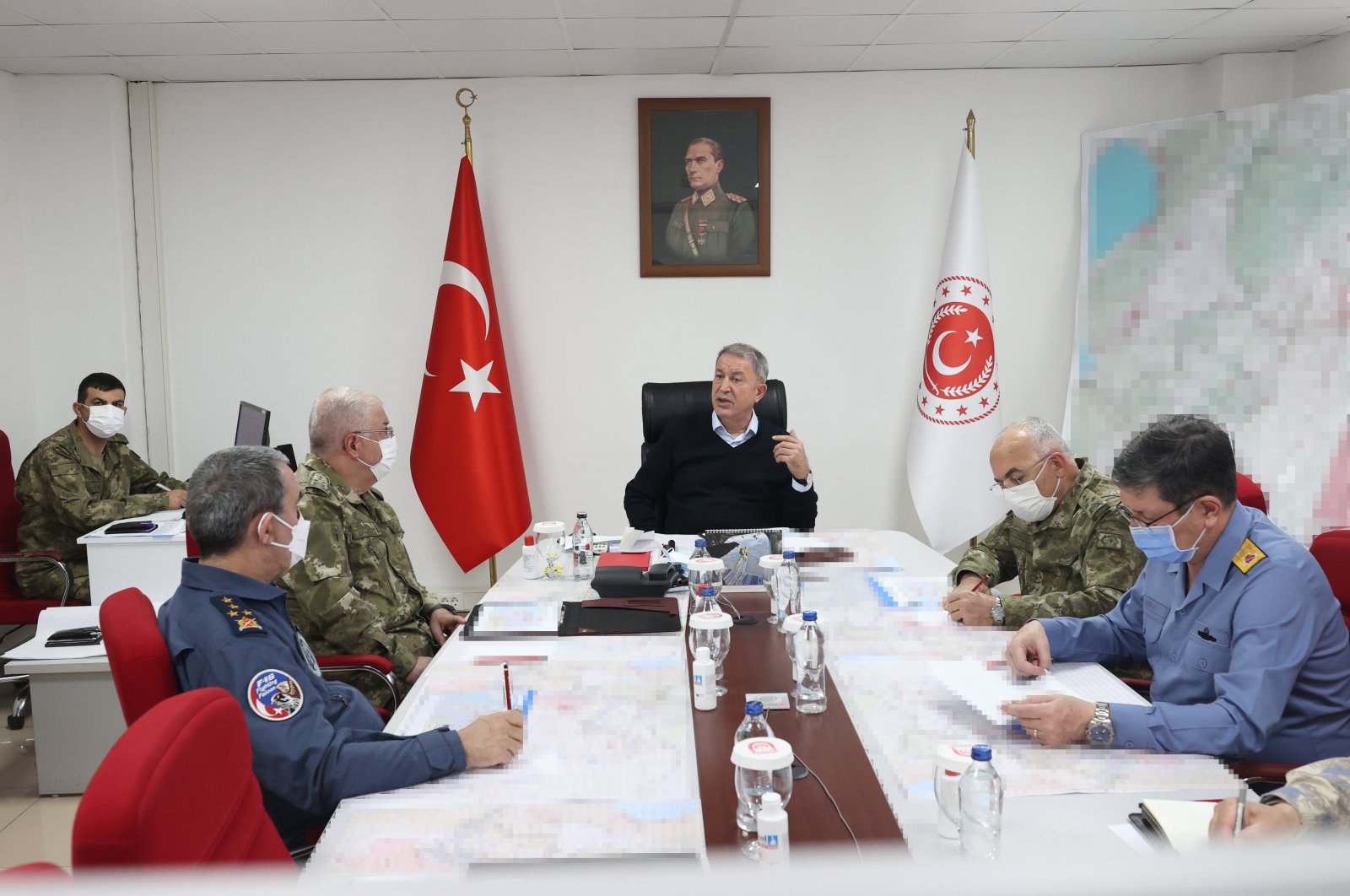Defense Minister Hulusi Akar speaks with top commanders of the navy, ground and air forces during military inspections in the southern province of Hatay, Turkey, Dec. 3, 2021. (AA Photo)