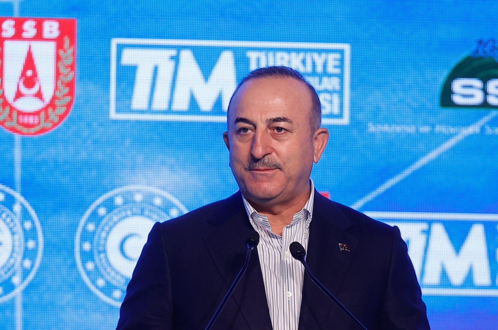 Foreign Minister Mevlüt Çavuşoğlu speaking at the Global Strategies in Defense and Aerospace Industry Conference in Antalya province, Turkey, Dec. 4, 2021 (AA Photo)