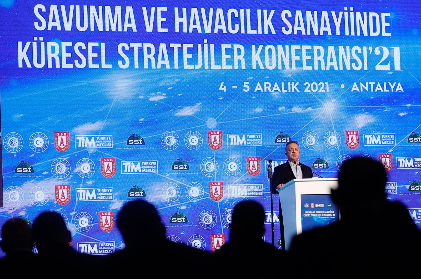 Turkish Exporters Assembly (TIM) Chairperson Ismail Gülle speaking at the Global Strategies in Defense and Aerospace Industry Conference in Antalya province, Turkey, Dec. 4, 2021 (AA Photo)