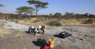 Anjali Prabhat and Jeremy DeSilva, associate professor of anthropology at Dartmouth, excavate Site A footprints at Laetoli, Tanzania. (Shirley Rubin/ Dartmouth College via AP)