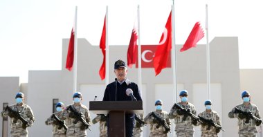 Defense Minister Hulusi Akar speaks at the Turkey-Qatar joint military headquarters in Doha, Dec. 5, 2021. (AA Photo)