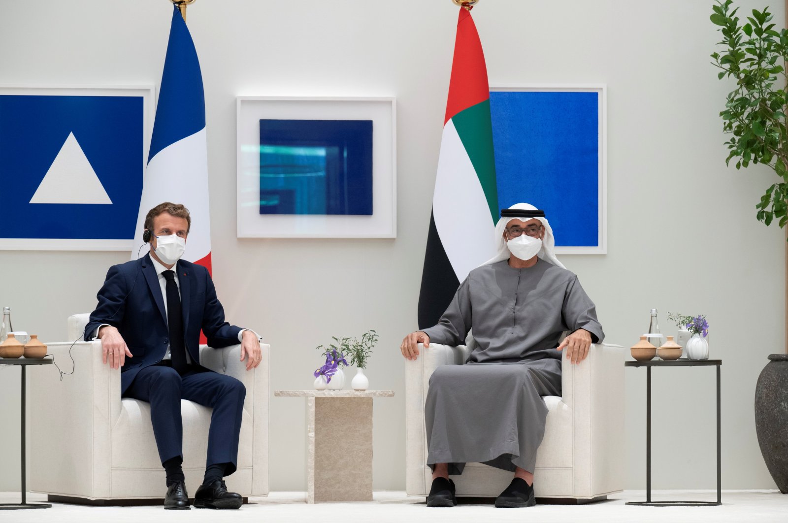French President Emmanuel Macron (L) meets with Abu Dhabi&#039;s Crown Prince Sheikh Mohammed bin Zayed Al Nahyan (MBZ) in Abu Dhabi, United Arab Emirates, Dec. 3, 2021. (Reuters Photo)