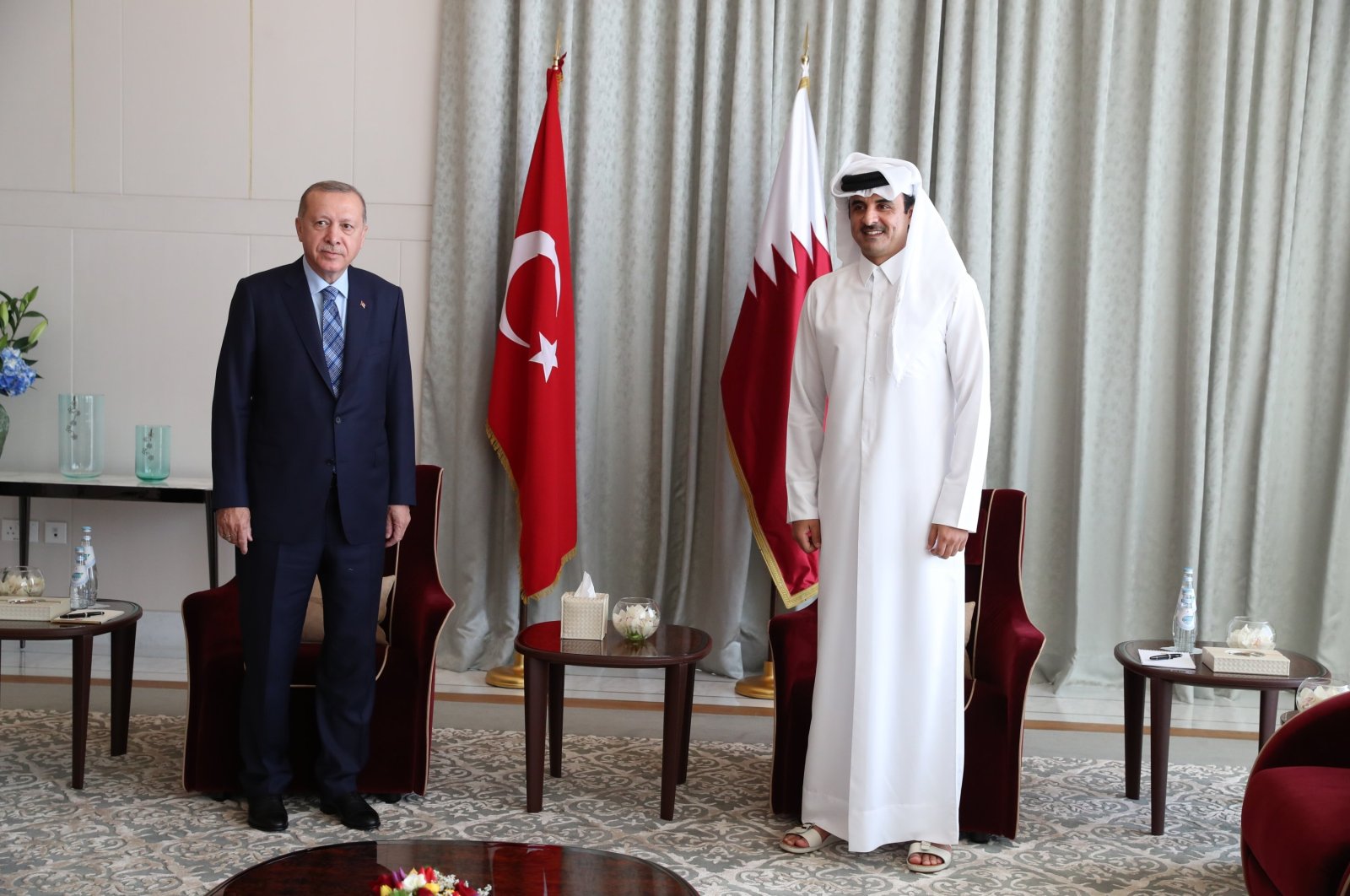 President Recep Tayyip Erdoğan meets with Qatar&#039;s Emir Sheikh Tamim bin Hamad Al Thani in Doha, Qatar, July 2, 2020. (AA Photo)