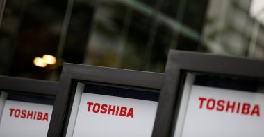 Logos  of Toshiba are pictured at a venue of the company's annual general meeting with its shareholders in Tokyo, Japan, June 25, 2021. (Reuters Photo)