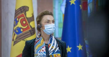 Marija Pejcinovic Buric, the secretary-general of the Council of Europe, speaks at a briefing with the President of Moldova Maia Sandu (not seen), during her official visit in Chisinau, Moldova, 22 November 2021.  (EPA Photo)