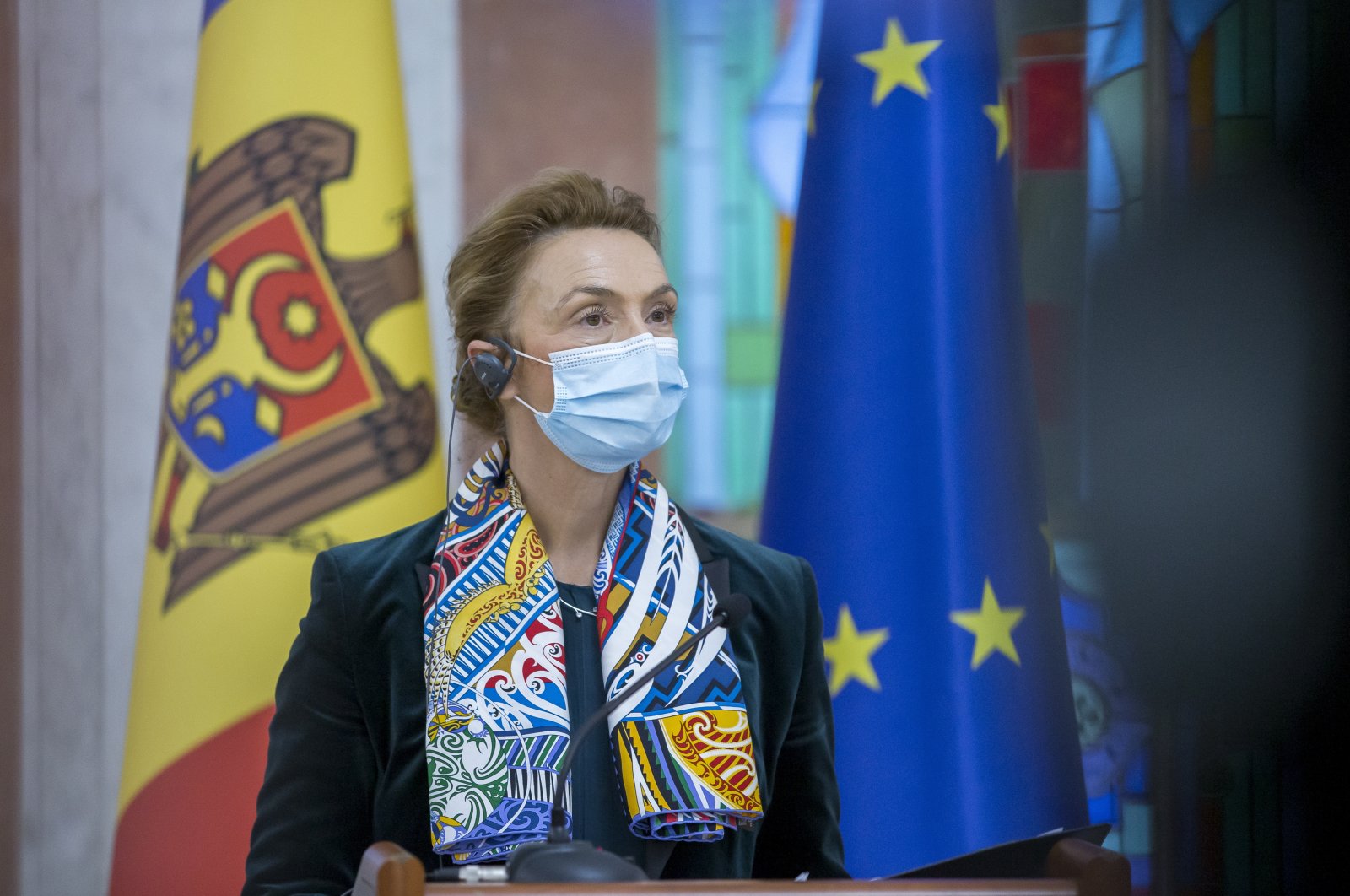 Marija Pejcinovic Buric, the secretary-general of the Council of Europe, speaks at a briefing with the President of Moldova Maia Sandu (not seen), during her official visit in Chisinau, Moldova, 22 November 2021.  (EPA Photo)
