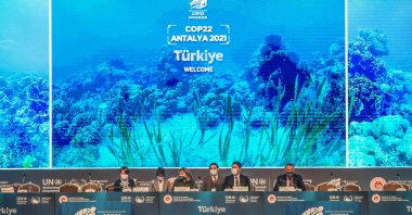 A view of the participants at the summit against the backdrop of a photo of the Mediterranean Sea in Antalya, southern Turkey, Dec. 7, 2021. (DHA PHOTO)