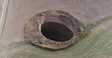 Aerial view of a sinkhole, in Konya, central Turkey, Dec. 7, 2021. (IHA PHOTO)