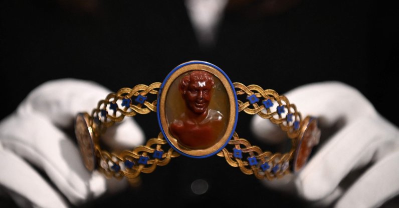 A gold, cameo and enamel diadem by Jacques-Amboise Oliveras, circa 1808, believed to have belonged to Empress Josephine Bonaparte of France, is displayed during a photocall at Sotheby's Auction House in London, U.K., Dec. 3, 2021. (AFP Photo)