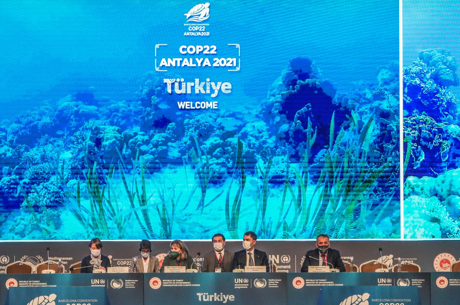 A view of the participants at the summit against the backdrop of a photo of the Mediterranean Sea in Antalya, southern Turkey, Dec. 7, 2021. (DHA PHOTO)