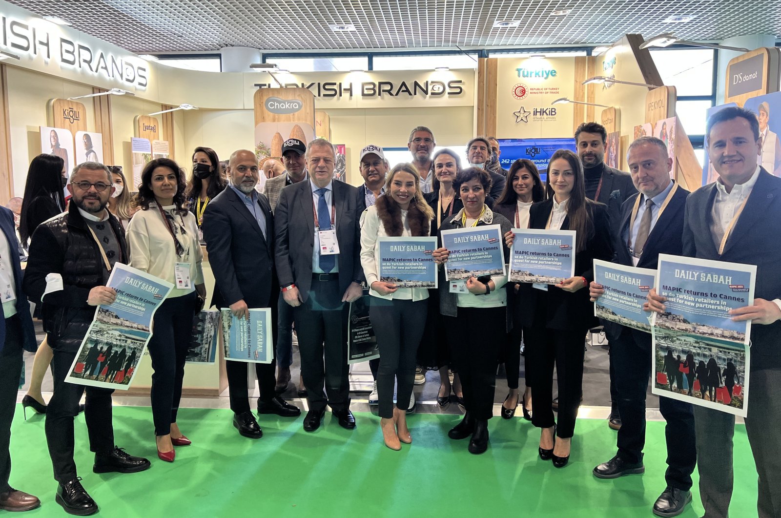 Executives of Turkish retail companies and Turkuvaz Media Group at the Turkish Brands booth during the MAPIC fair, Cannes, France, Nov. 30, 2021.