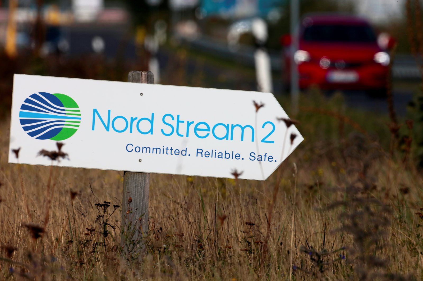 A road sign directs traffic towards the Nord Stream 2 gas line landfall facility entrance in Lubmin, Germany, Sept. 10, 2020. (Reuters File Photo)