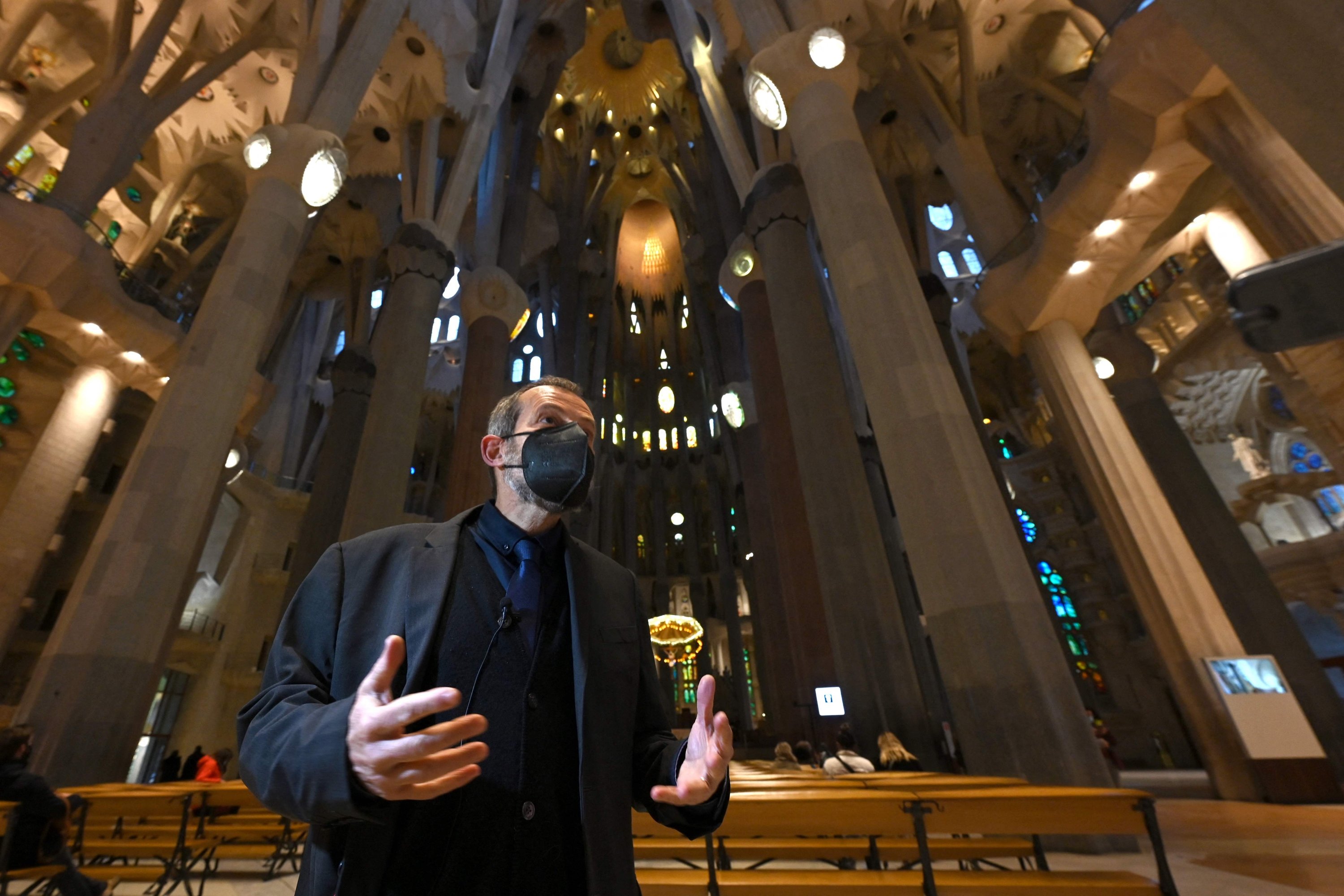 The architect director of the works of the Sagrada Familia basilica, Jordi Fauli, poses inside the catholic temple during an interview with AFP in Barcelona on Dec. 1, 2021. (AFP Photo)