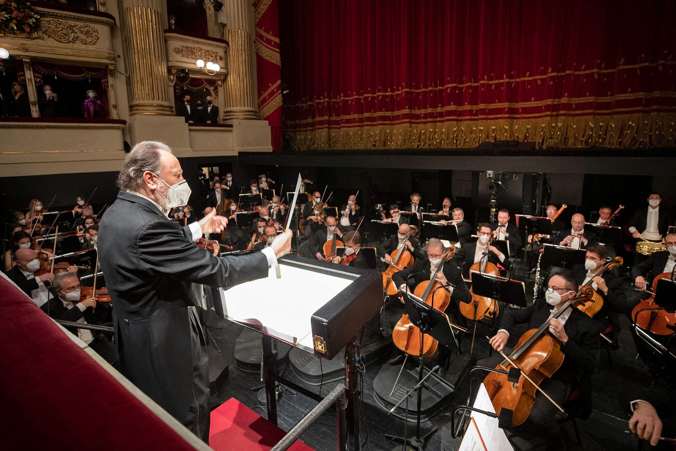 Italian conductor Riccardo Chailly during the season's opening performance of Giuseppe Verdi's “Macbeth” at La Scala opera house in Milan, Italy, Dec. 7, 2021. (Quirinale Press Office via AFP)