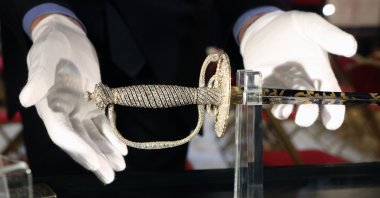 A jeweled dress sword from the Napoleonic collection of the Palais de Monaco, presented in Fontainebleau, south of Paris, France, Nov. 12, 2014. (AP Photo)