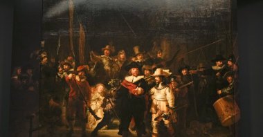 Rembrandt's biggest painting, "The Night Watch," 379.5 by 453.5 centimeters on canvas, Amsterdam, The Netherlands, June 23, 2021. (AP File Photo)