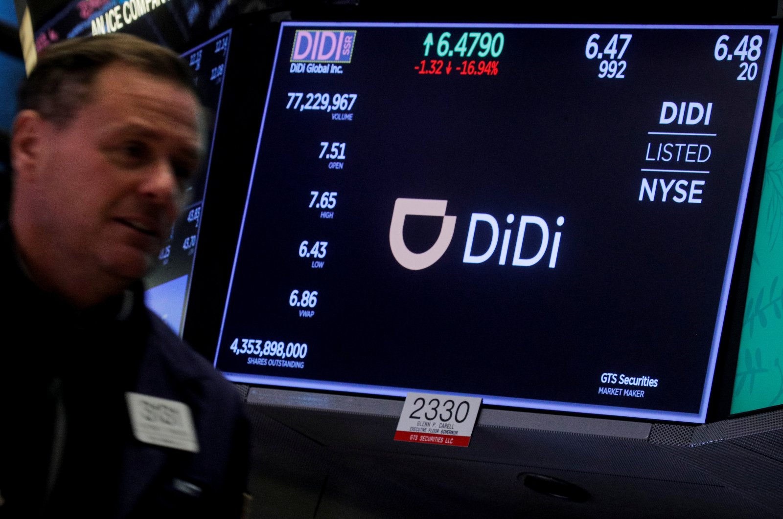 A screen displays trading information for ride-hailing giant Didi Global on the floor of the New York Stock Exchange (NYSE) in New York City, U.S., Dec. 3, 2021. (Reuters Photo)