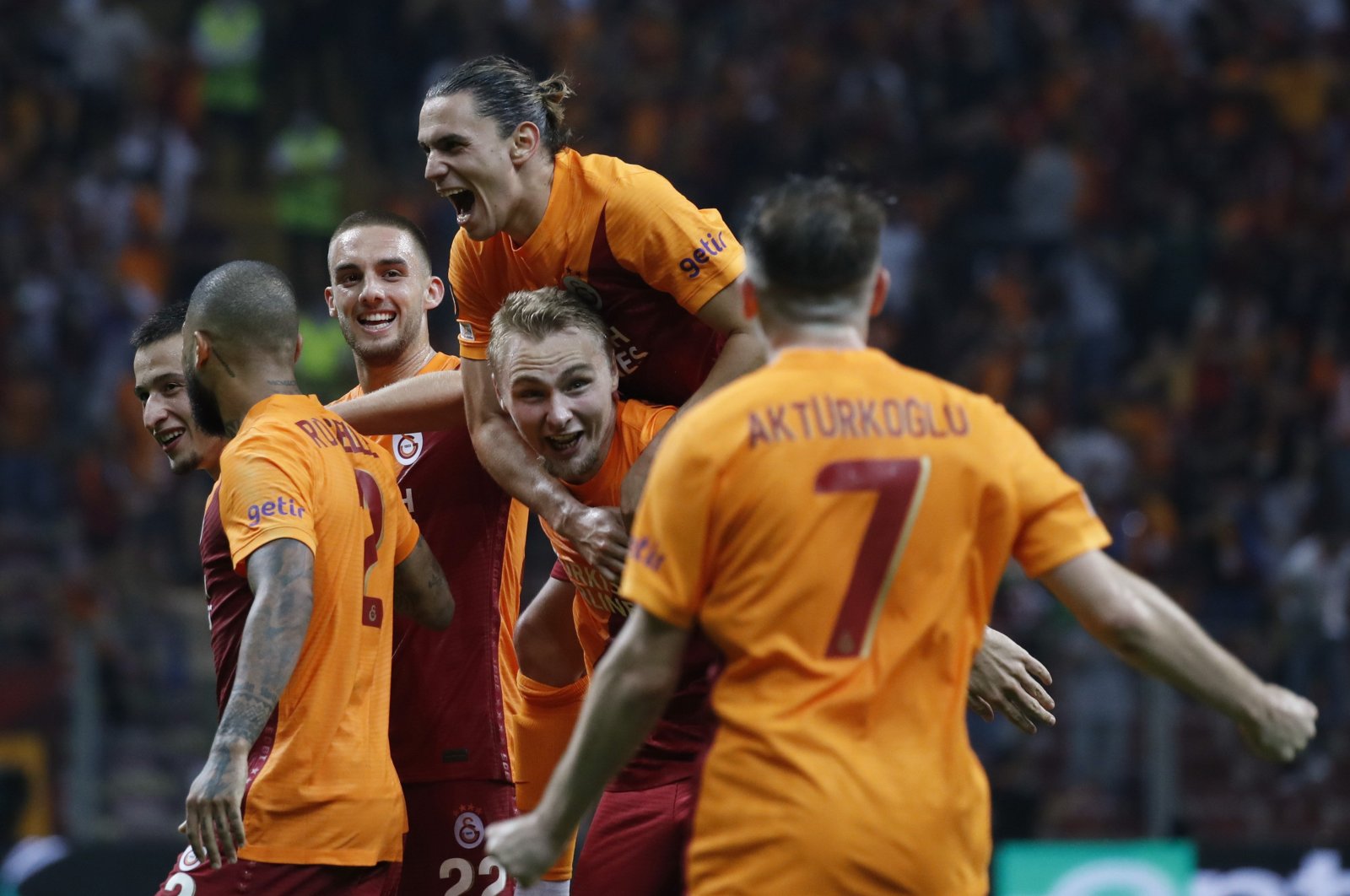 Galatasaray players celebrate their first goal, an own goal scored by Lazio, at Türk Telekom Stadium in Istanbul, Turkey, Sept. 16, 2021. (REUTERS PHOTO)