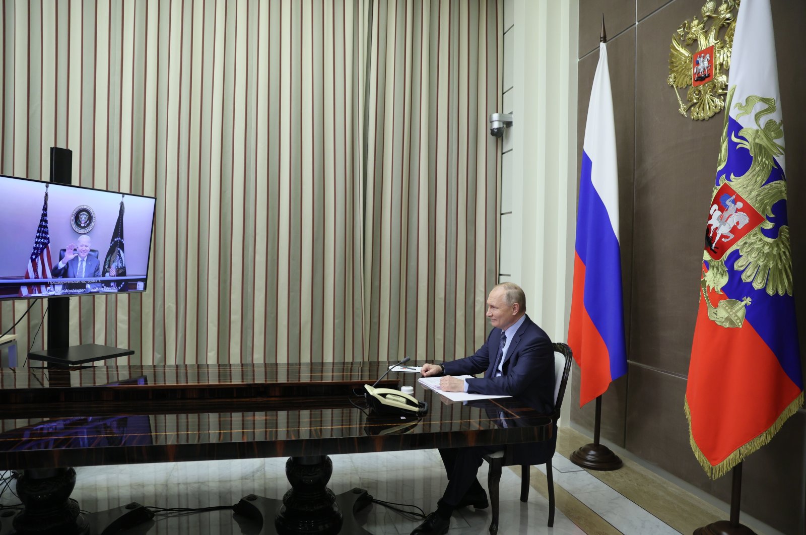 Russian President Vladimir Putin holds talks with U.S. President Joe Biden via videoconference at the Bocharov Ruchei residence in Sochi, Russia, Dec. 7, 2021. (Kremlin via EPA)