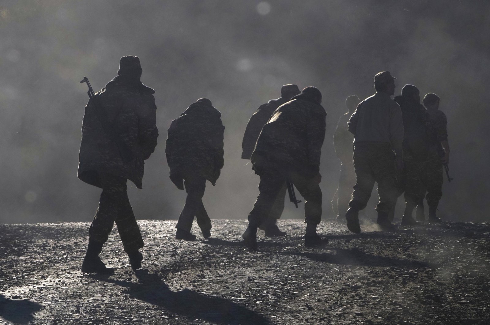 Armenian soldiers walk along the road near the border between Nagorno-Karabakh and Armenia, Nov. 8, 2020.  (AP File Photo)