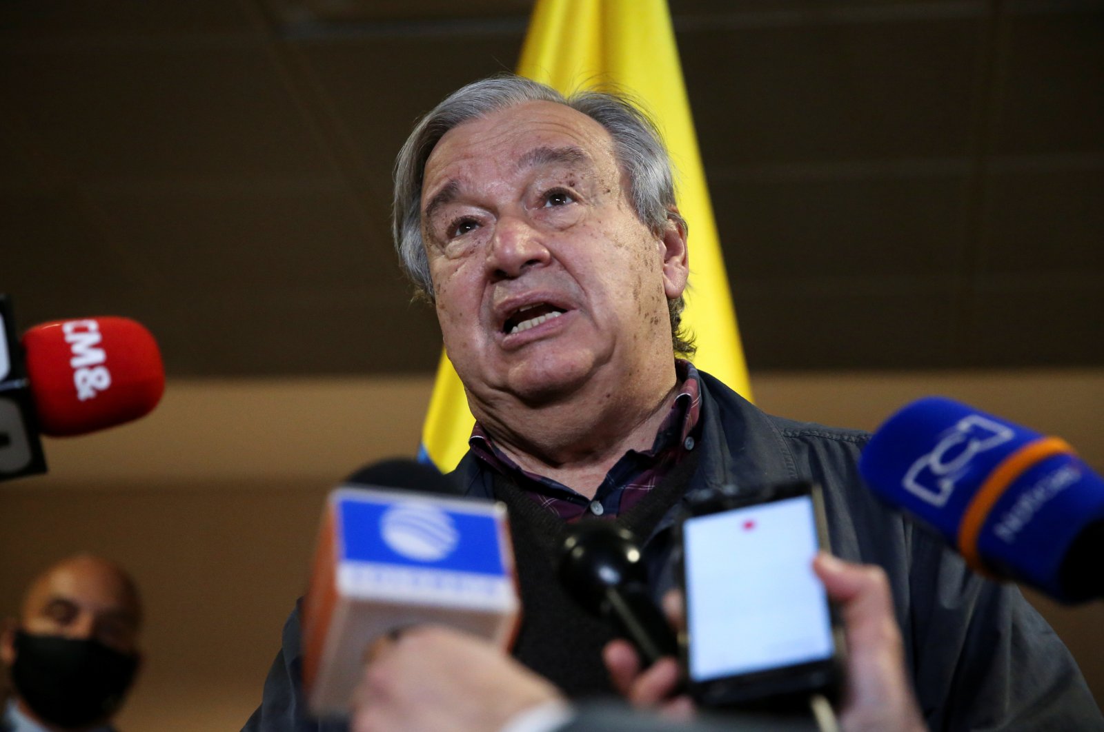 United Nations Secretary General Antonio Guterres speaks to the press as he arrives in Colombia to commemorate the fifth anniversary of the signing of the peace agreement between the Colombian government and the Revolutionary Armed Forces of Colombia (FARC), in Bogota, Colombia, Nov. 22, 2021. (Reuters File Photo)