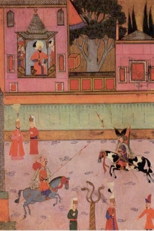 A miniature painting depicts a parade of two riding Ghazi (veteran soldiers) in front of Sultan Murat III. (Wikimedia) 