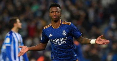 Real Madrid&#039;s Vinicius Junior celebrates a goal during a La Liga match against Real Sociedad at the Anoeta stadium in San Sebastian, Spain, Dec. 4, 2021. (AFP Photo)