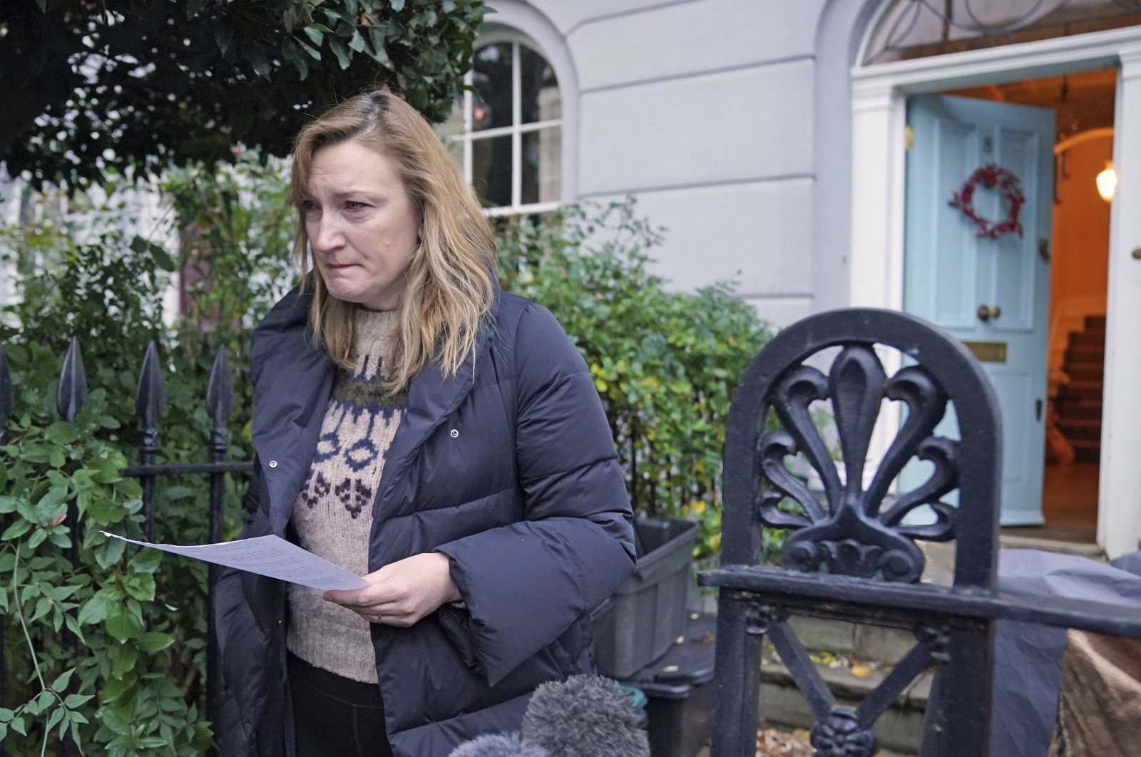 Allegra Stratton speaks outside her home in north London, Dec. 8, 2021. (AP Photo)