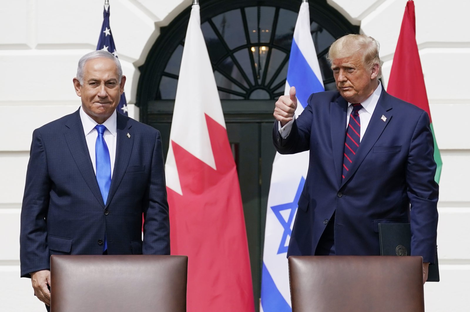 Former U.S.President Donald Trump and Israeli Prime Minister Benjamin Netanyahu attend the Abraham Accords signing ceremony on the South Lawn of the White House, in Washington, U.S., Sept. 15, 2020. (AP Photo)