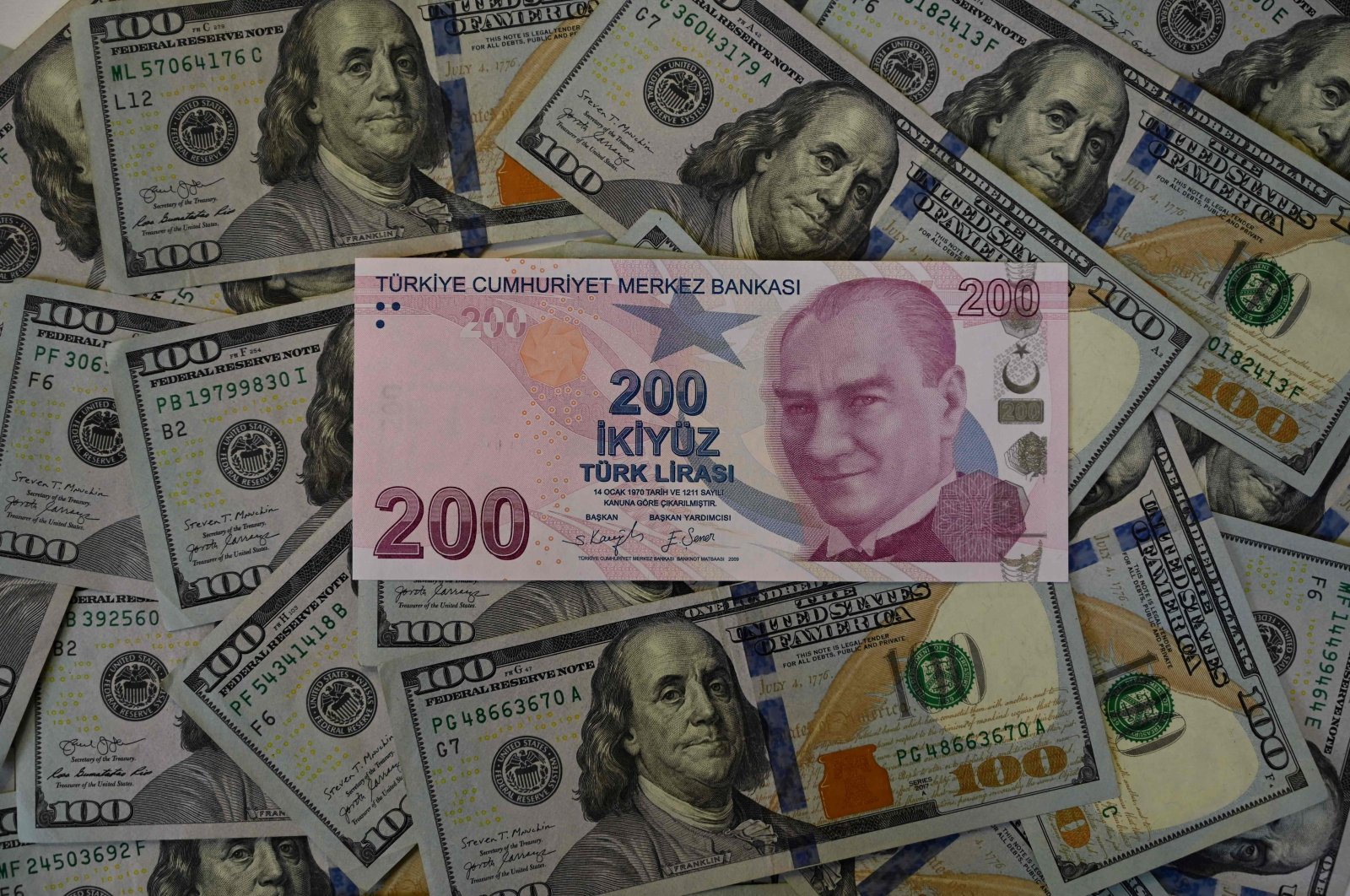A picture shows U.S. dollar banknotes and Turkish lira banknotes, Istanbul, Turkey, Dec. 7, 2021. (AFP Photo)