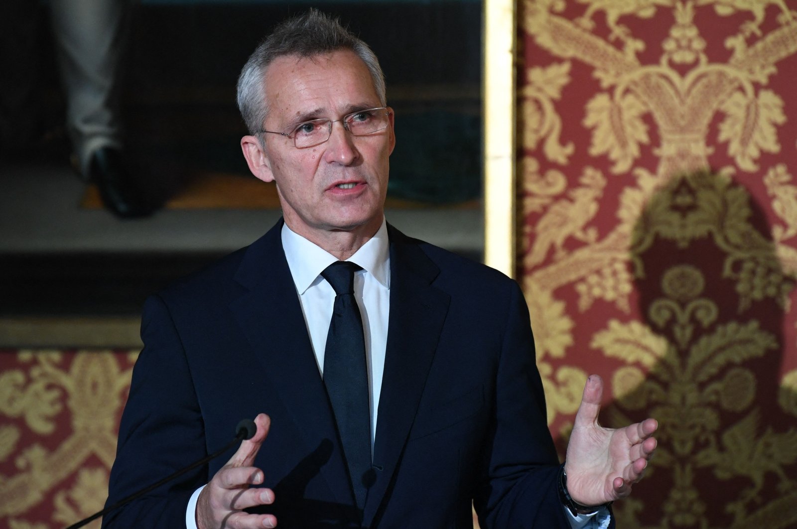 NATO Secretary-General Jens Stoltenberg speaks during a press conference with the French Foreign Affairs Minister and French Defense Minister after their meeting in Paris, Dec. 10, 2021. (AFP Photo)