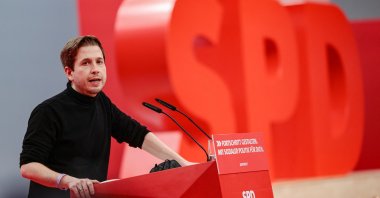 Designated Social Democratic Party (SPD) Secretary-General Kevin Kühnert speaks during a hybrid party congress of Germany's SDP in Berlin, Germany, Dec. 11, 2021. (AFP Photo)