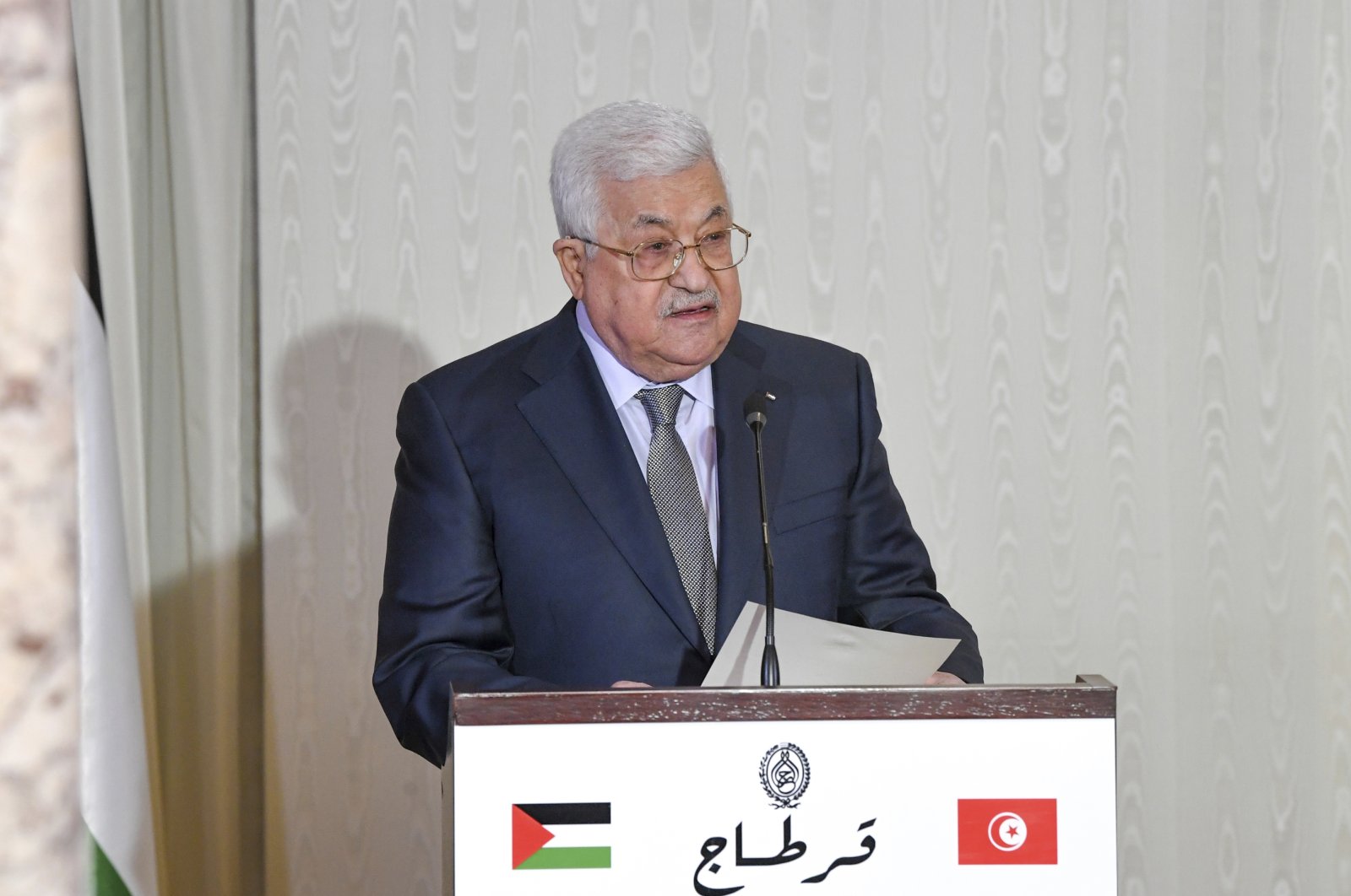 Palestinian President Mahmoud Abbas speaks during a joint press conference with his Tunisian counterpart, Kais Saied, in Carthage, near Tunis, Tunisia, Dec. 8, 2021. (AP Photo)