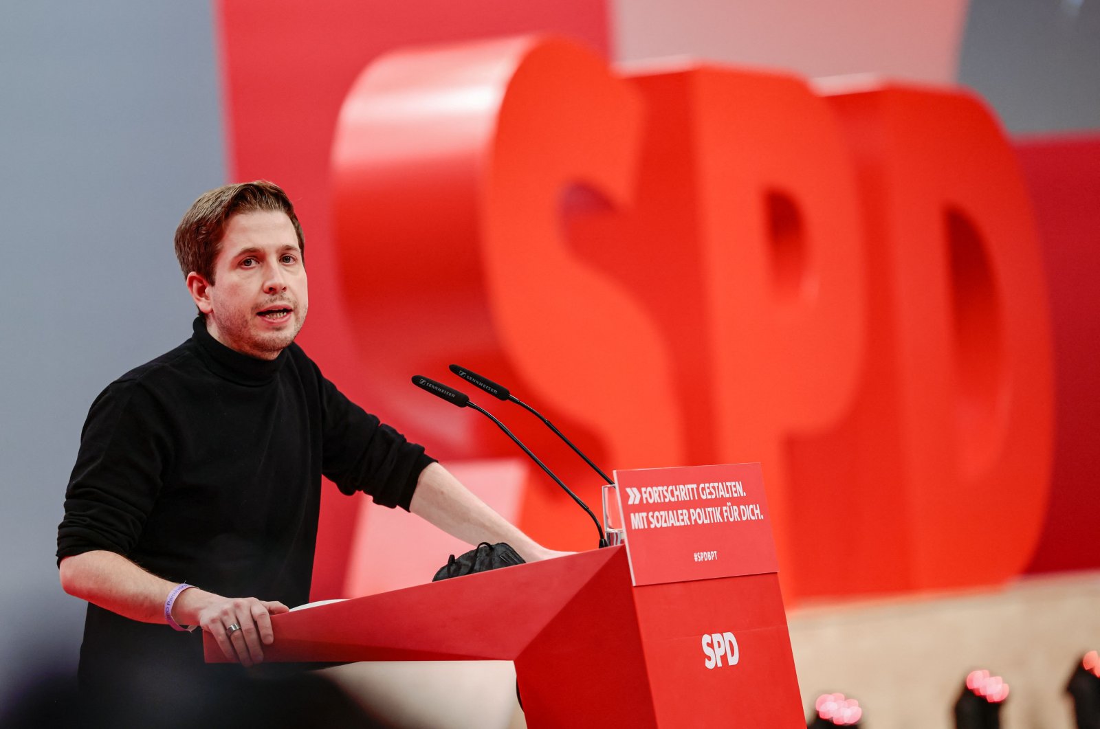 Designated Social Democratic Party (SPD) Secretary-General Kevin Kühnert speaks during a hybrid party congress of Germany&#039;s SDP in Berlin, Germany, Dec. 11, 2021. (AFP Photo)