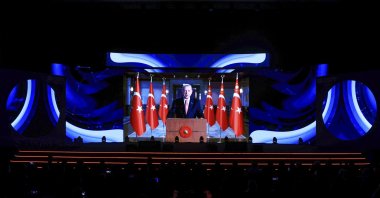 President Recep Tayyip Erdoğan addresses the Stratcom International Strategic Communication Summit via video message, Istanbul, Turkey, Dec. 11, 2021. (AA Photo)