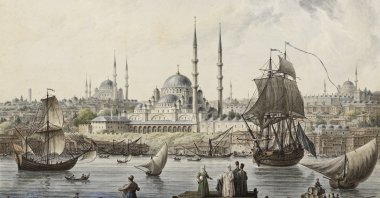 &quot;Yeni Cami and the Port of Istanbul&quot; by Jean-Baptiste Hilaire, watercolor on paper. (Courtesy of Pera Museum)