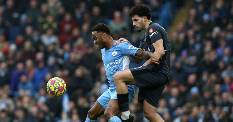 Man City's Raheem Sterling (L) vies with Wolves' Rayan Ait-Nouri during a Premier League match at the Etihad Stadium, Manchester, England, Dec. 11, 2021. (AFP Photo)