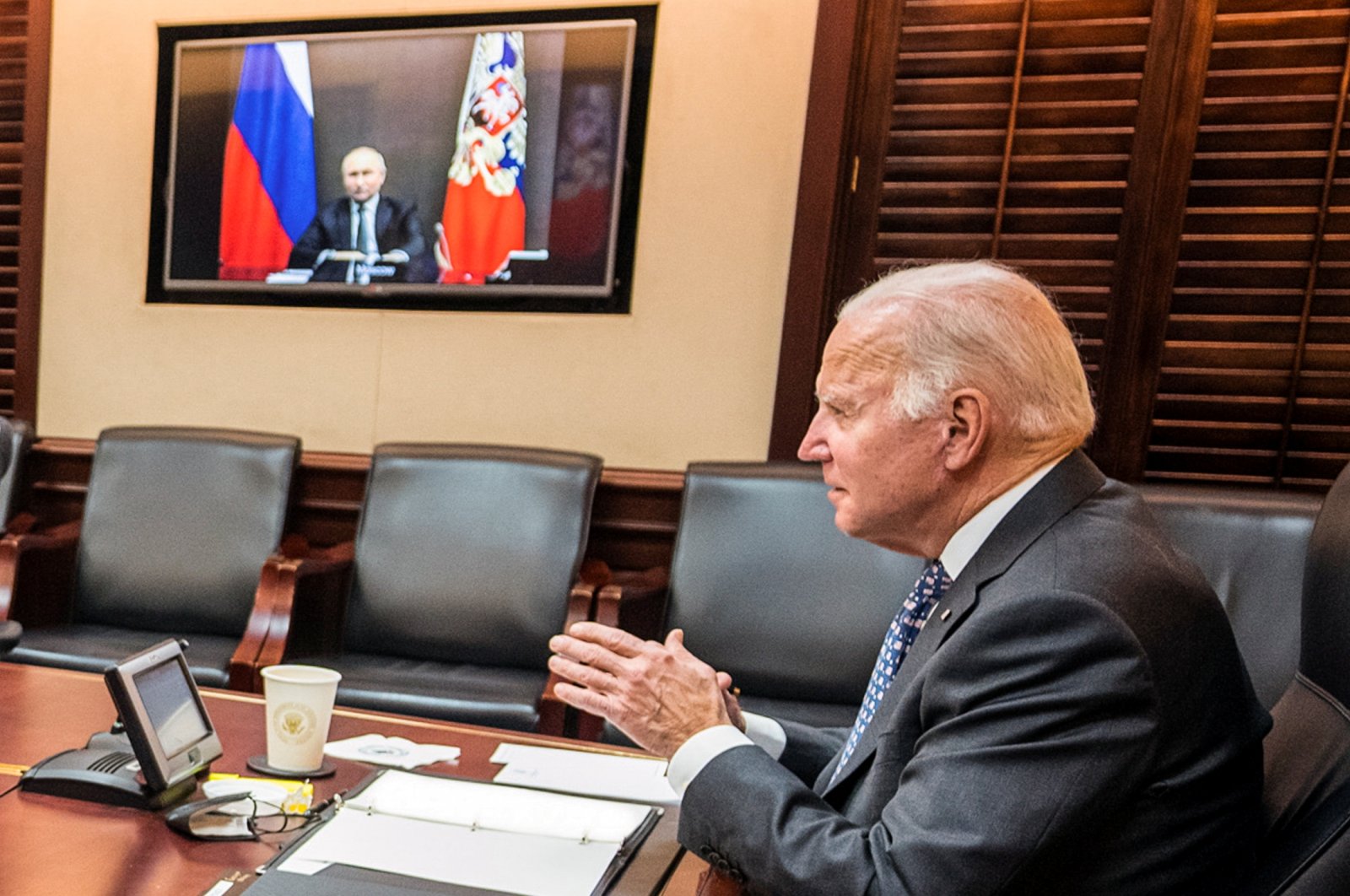 U.S. President Joe Biden holds virtual talks with Russia&#039;s President Vladimir Putin amid Western fears that Moscow plans to attack Ukraine, during a secure video call from the Situation Room at the White House in Washington, U.S., Dec. 7, 2021. (Reuters Photo)