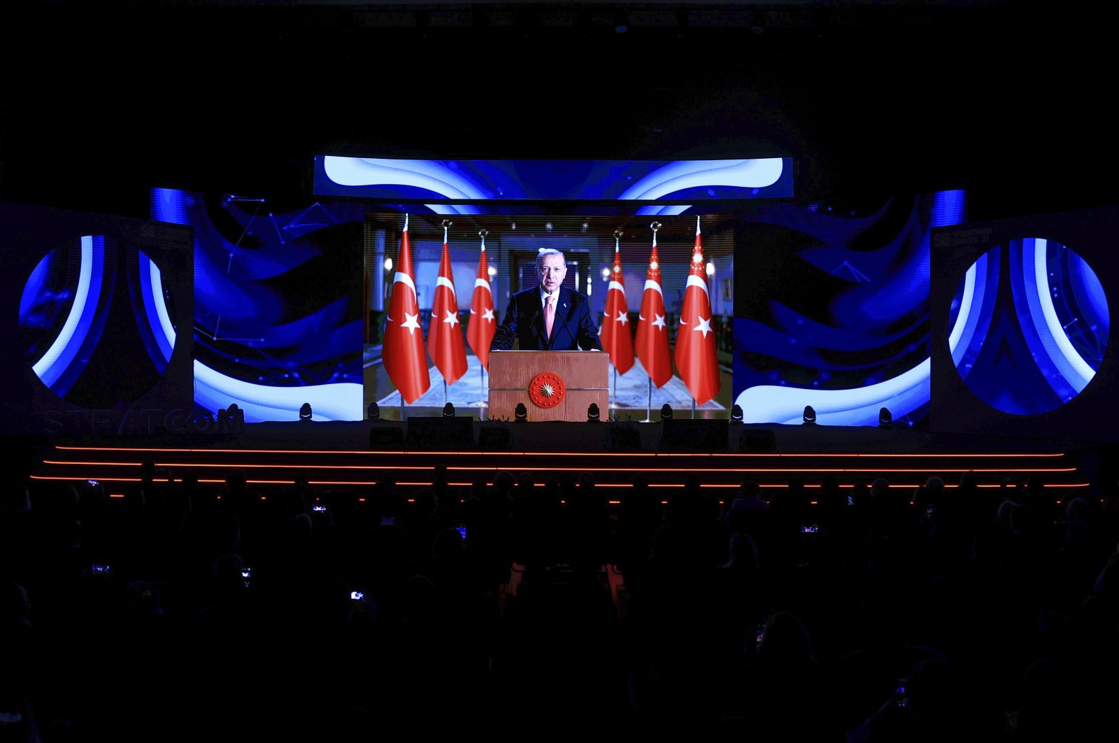 President Recep Tayyip Erdoğan addresses the Stratcom International Strategic Communication Summit via video message, Istanbul, Turkey, Dec. 11, 2021. (AA Photo)