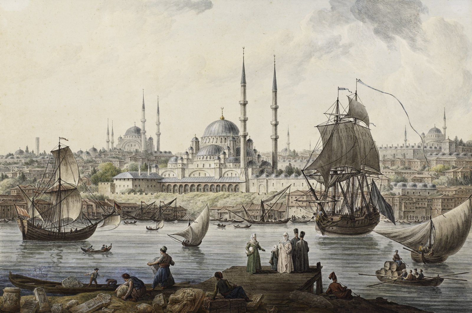 &quot;Yeni Cami and the Port of Istanbul&quot; by Jean-Baptiste Hilaire, watercolor on paper. (Courtesy of Pera Museum)